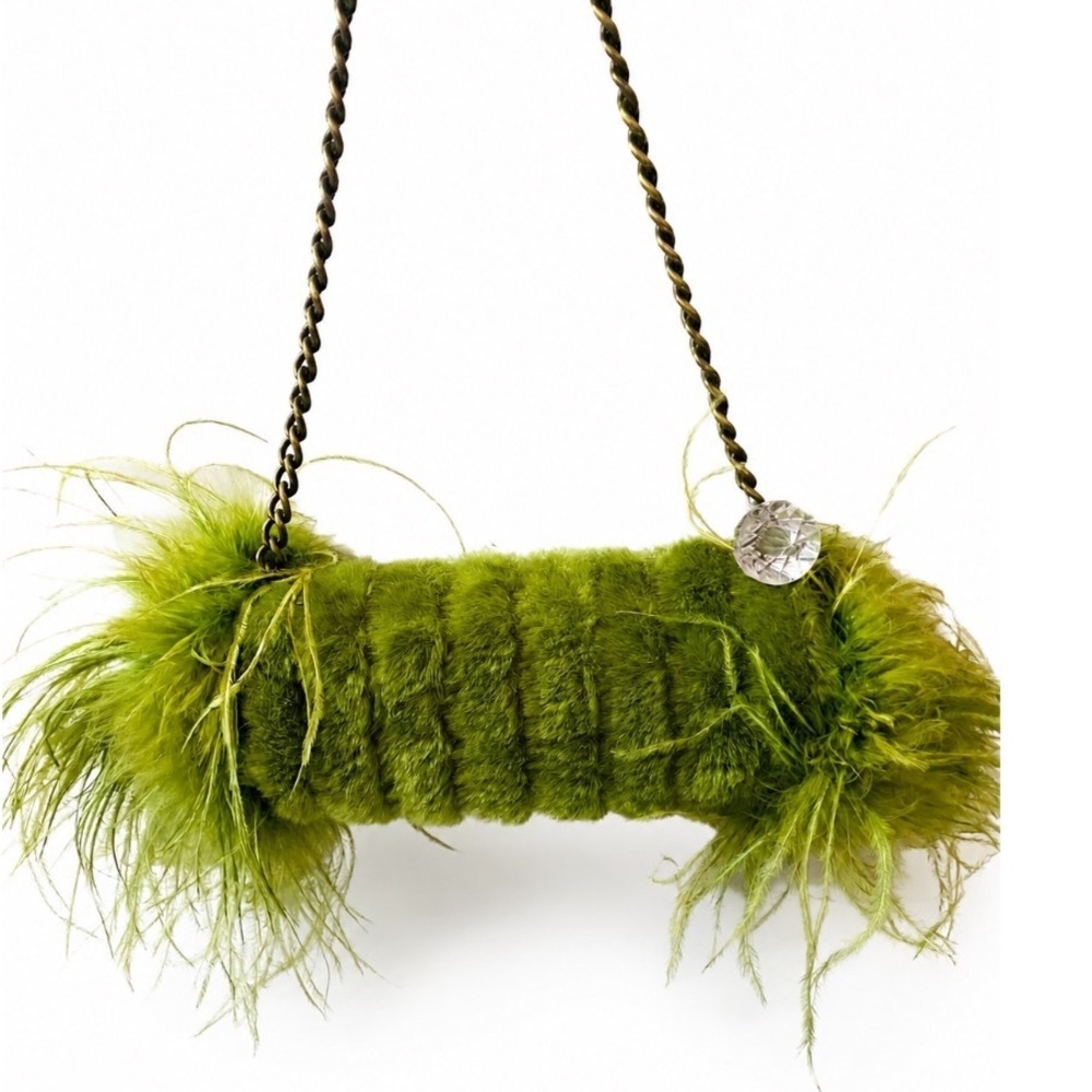 Olive Green Feather-Trim Fur Clutch with Chain Strap